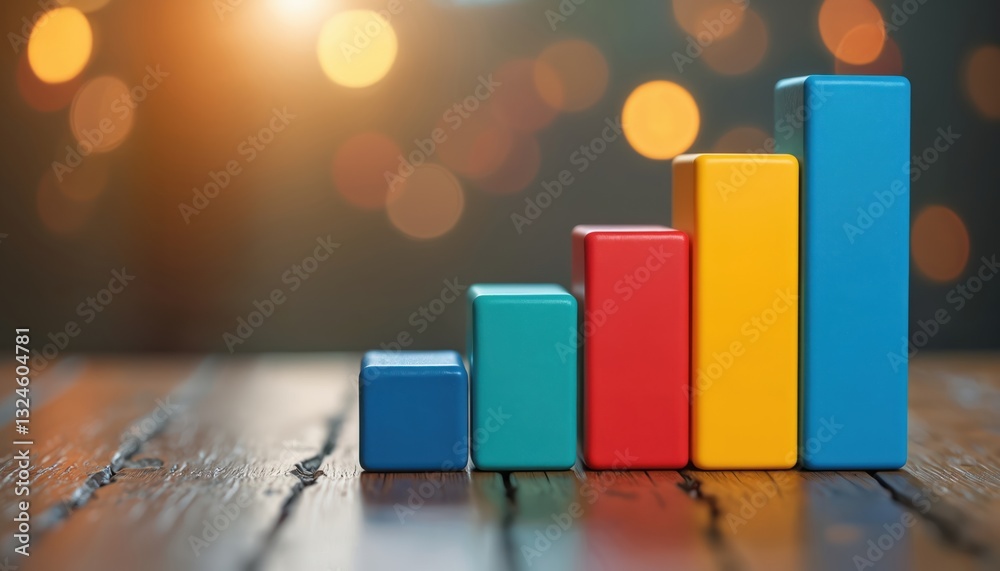 Poster colorful wooden blocks bar graph showing business growth on wood table with blurred lights. chart re