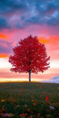 Vibrant red tree under twilight