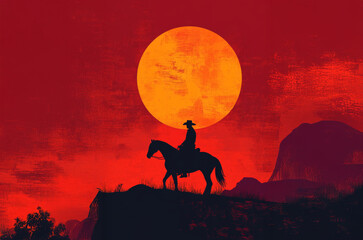Naklejka premium Silhouette of cowboy on horseback at sunset.
