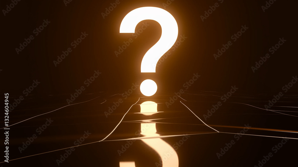Poster glowing white question mark on dark brown grid background, reflecting on glossy surface. represents 