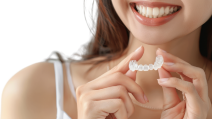 Woman holding invisible aligner orthodontic straightener with transparent background