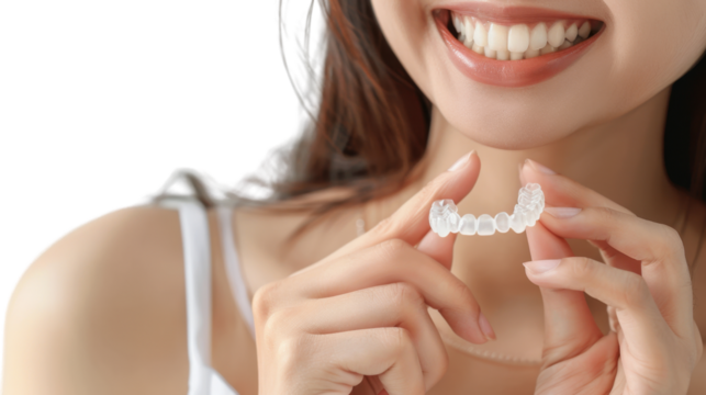Woman holding invisible aligner orthodontic straightener with transparent background