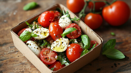 A sustainable cardboard container filled with a fresh caprese salad, representing an eco-friendly approach to food delivery and zero-waste packaging