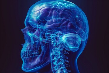 An artistic representation of a human skull with a glowing brain and spinal cord, showcasing detailed anatomical features.