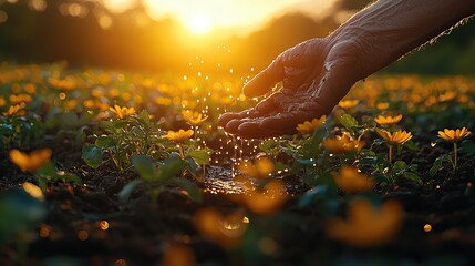 A farmer's hand gently waters vibrant yellow flowers at sunset, showcasing the beauty of nature and agriculture.