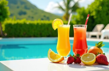 Fototapeta premium Refreshing tropical cocktails on a sandy beach under palm trees with a turquoise ocean view. Perfect for travel ads, vacation promotions, summer drinks, tourism, resorts, and relaxation concepts