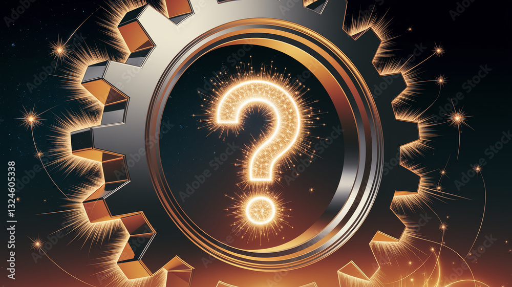 Poster gear with question mark formed by bright sparks, dark background, symbolizes problem-solving, innova