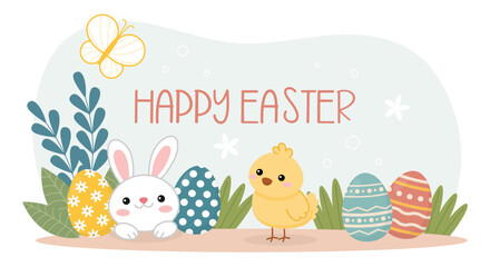 Whimsical Easter banner design featuring rabbit, chick and Easter eggs. Vector illustration