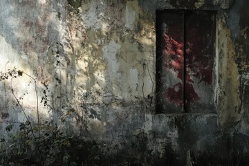 Abandoned Wall with Shadow Patterns, Closed Window with Grate, Weathered Texture and Overgrown Plants