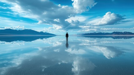 Reflective solitude a person standing in the vast salt flats bonneville nature photography serene atmosphere wide angle