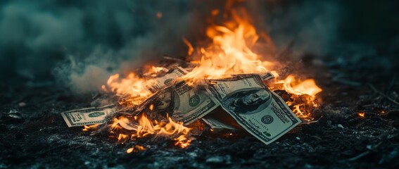 The pile of burning dollar bills lies on the ground.