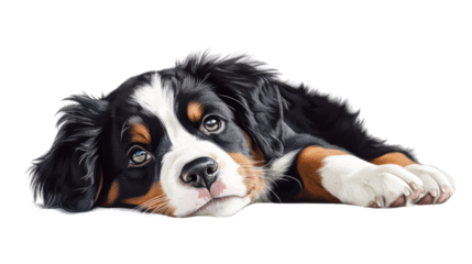 bernese mountain dog lying down isolated on white background