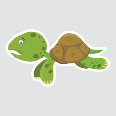 Cute Cartoon Turtle Vector Sticker. Adorable cartoon turtle sticker with a playful expression. Ideal for kids' decor, educational materials, ocean-themed designs, and marine life illustrations