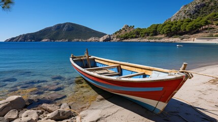 Fototapeta premium Serene coastal escape tranquil bay views with clear waters and sparse holidaymakers