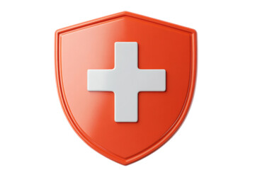 Fototapeta premium Red shield with white cross symbolizes health, cut out