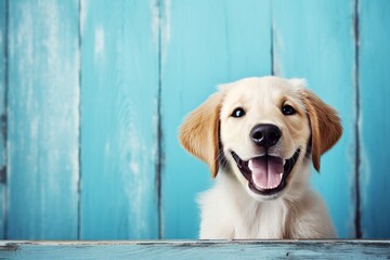Happy Golden Retriever Puppy Dog with Open Mouth, Tongue Out on Blue Wooden Background
