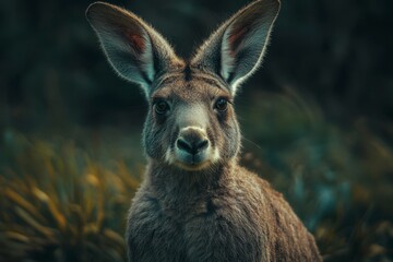 Fototapeta premium Eastern Grey Kangaroo Portrait with Large Ears Staring Directly, Wild Australian Animal in Natural Habitat