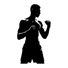 Boxer striking fighting stance against white background.