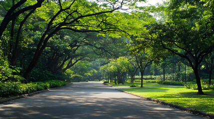Obraz premium Sunlit Pathway Through Green Trees and Foliage in Lush Park Environment