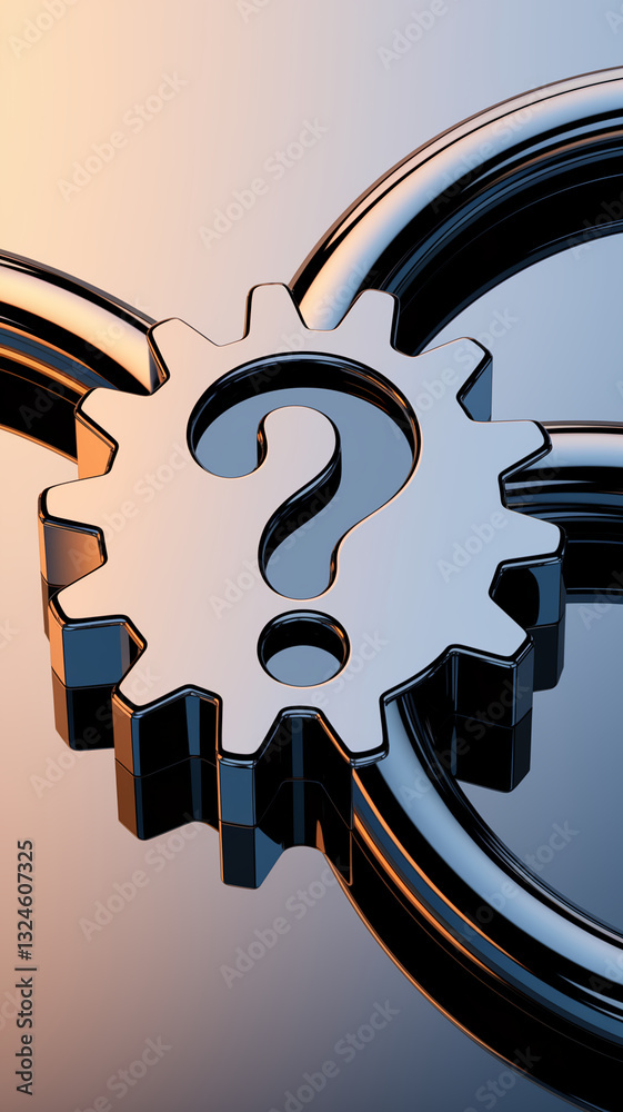 Poster metallic gear with question mark, showcasing interplay of mechanics and inquiry, symbolizing problem