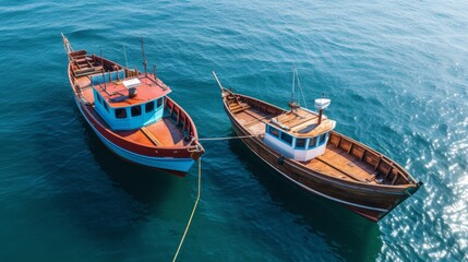 Fototapeta premium Serene drone view of boats on calm waters surrounded by soft blue and turquoise hues