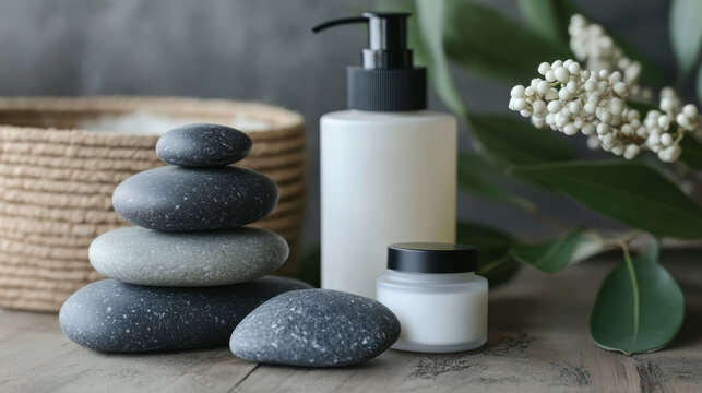 Men's cosmetics spa vector template. pyramid of stones