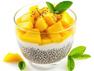 Chia seeds layered with fresh mango in a clear glass with mint garnish for a refreshing snack