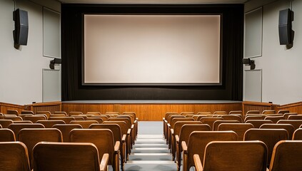 An empty university lecture hall with rows of wooden chairs and an old-fashioned projector screen