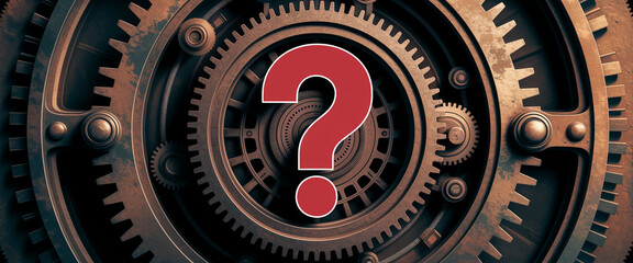 Close-up of intricate bronze gears, a question mark in the center, suggesting complexity, problem-solving, or uncertainty, ideal for industrial or technical concepts