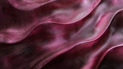 Closeup view of luxurious deep burgundy sheer fabric with soft waves and subtle sheen showing texture and drape