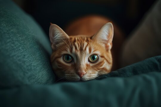 Ginger Tabby Cat Staring Intently from Teal Blanket, Striking Green Eyes, Soft Fur, Whiskers, Relaxing at Home, Pet Portrait