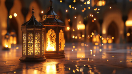 An elegant Ramadan Mubarak greeting design featuring softly glowing lanterns, radiating warmth and festive charm