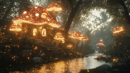 Obraz premium Enchanted mushroom cottage glowing warmly in a magical forest landscape