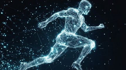 Wireframe cybernetic particles mesh polygonal vector football player. Network line, design football player silhouette, dot and structure illustration - stock vector