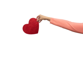 Female hands in a pink sweater hold a red shiny heart. Template for designers, white background