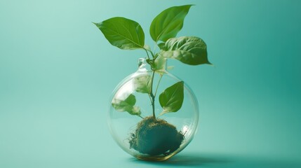 A Small Plant in a Glass Globe Against a Teal Background