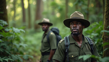Fototapeta premium Two park rangers stand in rich green rainforest. Men in uniform, hats, backpack. Nature, jungle, foliage, trees, leaves surround. Wildlife conservation, environmental protection, park, tropics.