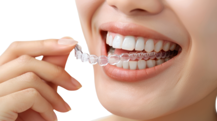 Woman putting on transparent aligner for teeth straightening: close-up with transparent background