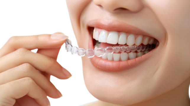 Woman putting on transparent aligner for teeth straightening: close-up with transparent background