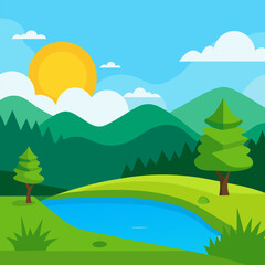 Fototapeta premium Beautiful landscape of a warm morning or day on the lake. An amazing lake with a green clearing of lush grass vector.