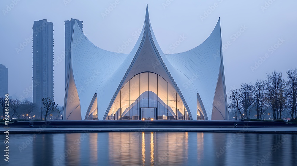 Poster modern architectural design white building reflection