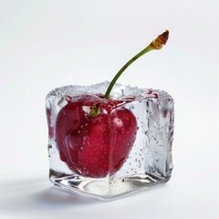 Cherry encased in ice cube with bubbles on a white background, showcasing fresh fruit preservation