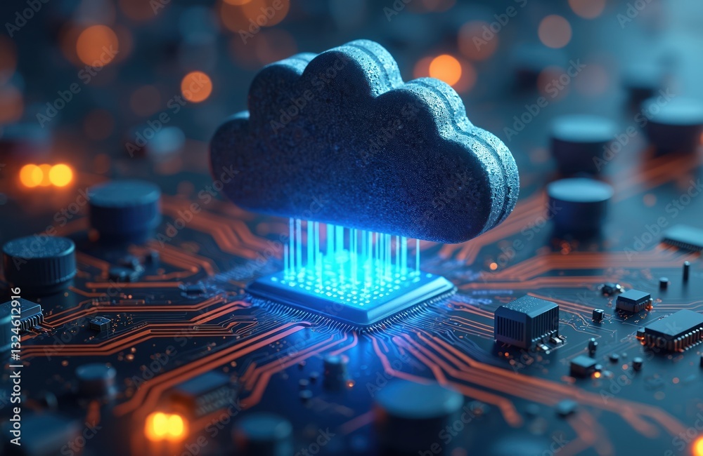 Aufkleber Cloud computing for digital data storage. Transfer of big data on internet with futuristic abstract technology. Cloud AI connects networking in cyberspace. Modern digital protection, communication,
