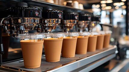 Fototapeta premium Modern Coffee Machine with Disposable Cups of Coffee