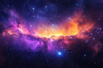 Fototapeta premium This photo captures a vibrant space with an abundance of stars and swirling clouds A wispy nebula highlighted with oranges purples and shades of blue .