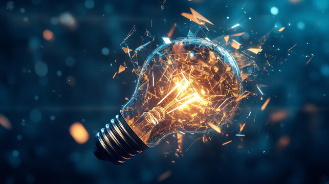 Broken light bulb. Digital lightbulb at the moment of destruction. Abstract fragility concept. Technology burst bulb in polygons, lines, and transparent shapes. 3D wireframe vector illustration.