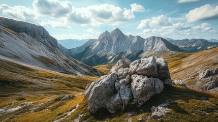 Majestic Mountain Panorama: A Breathtaking View of Alpine Peaks and Rolling Hills