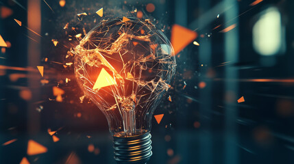 Broken light bulb. Digital lightbulb at the moment of destruction. Abstract fragility concept. Technology burst bulb in polygons, lines, and transparent shapes. 3D wireframe vector illustration.