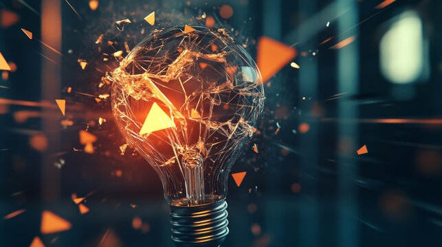 Broken light bulb. Digital lightbulb at the moment of destruction. Abstract fragility concept. Technology burst bulb in polygons, lines, and transparent shapes. 3D wireframe vector illustration.