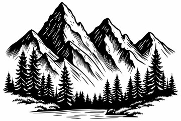 mountain icon vector silhouette with Christmas tree